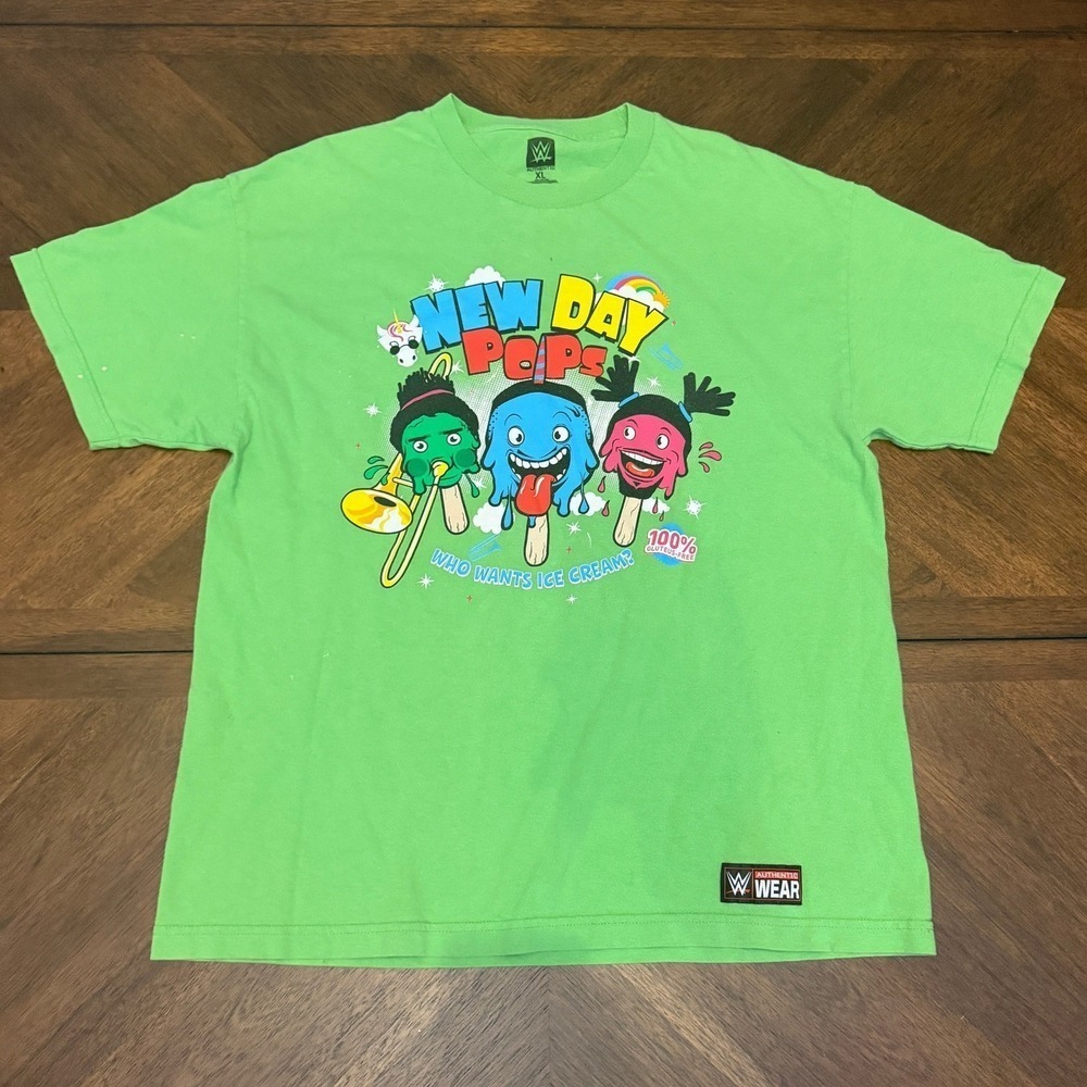 WWE The New Day Pops Ice Cream Graphic T-Shirt Mens XL Green Authentic Wear 2017